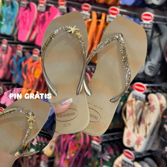Havaianas Slim Square Glitter Party + Pin Estrela e Tartaruga (GRÁTIS)