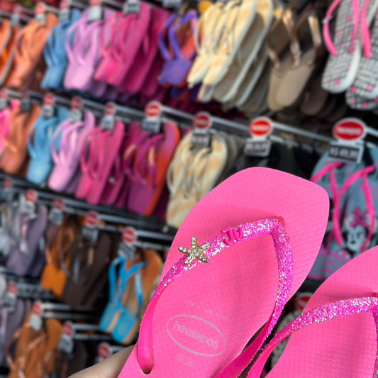 Havaianas Slim Square Glitter Neon (Rosa) + Pin Nome e Estrela do Mar (A - E)