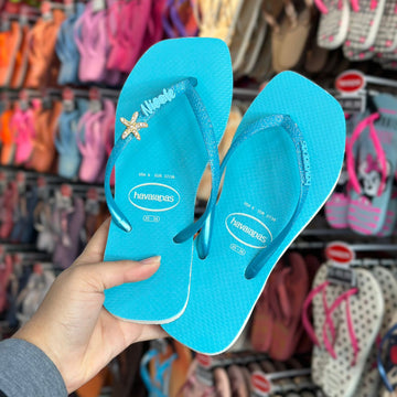 Havaianas Slim Square Glitter Neon (Azul) + Pin Nome e Estrela do Mar (A - E)