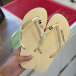 Havaianas Slim + Placa Logo + Pin Tucano, Coqueiro e Brasil