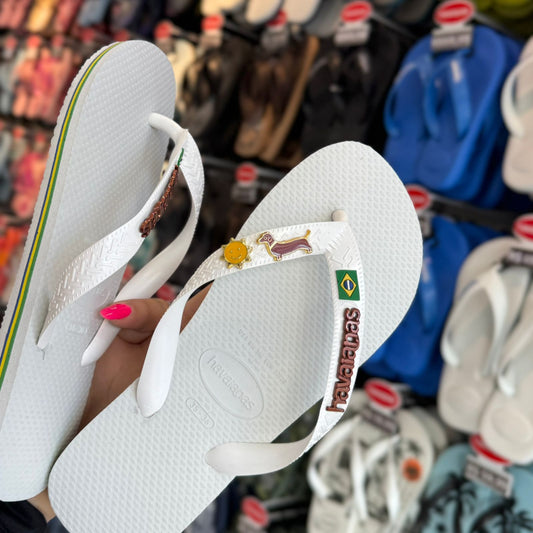 Havaianas Brasil + Placa Logo + Pin Sol + Pin Cachorro Salsicha