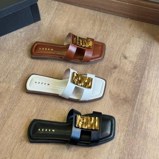 Rasteira Azzem Flat H Detalhe Dourado 352FE