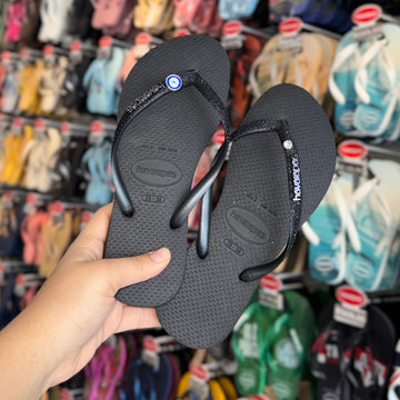 Havaianas Slim Glitter + Pin Olho Grego e Ponto de Luz - Preto